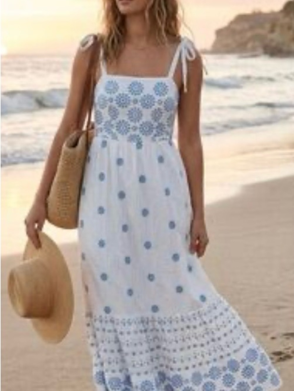 American Eagle Outfitters White Maxi Dress with Light Blue Embroidery
